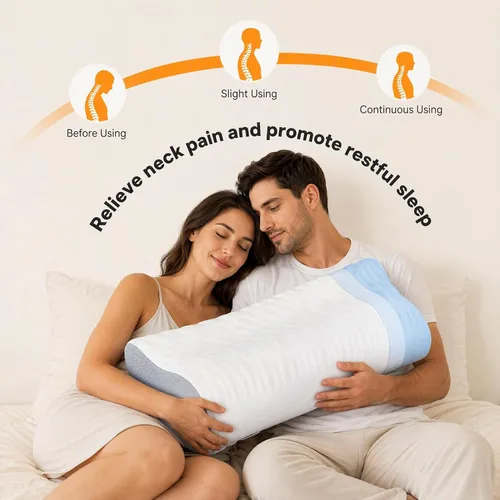 Vista 15 de Almohada de espuma viscoelástica para dolor de cuello, almohada cervical CertiPUR-US® con diseño de doble altura, funda de enfriamiento, soporte