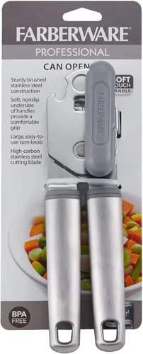 Vista 7 de Farberware Abrelatas manual Pro de acero inoxidable con asas ergonómicas suaves y abrebotellas integrado, apto para lavavajillas, gris