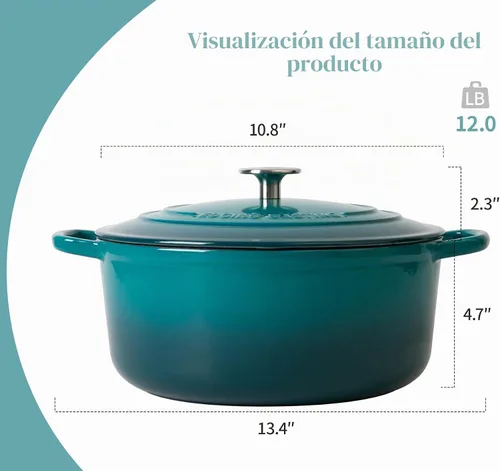 Vista 3 de EDGING CASTING Hornos holandeses con tapa, horno holandés cubierto de hierro fundido esmaltado de 5.5 cuartos de galón con doble asa, cian oscuro