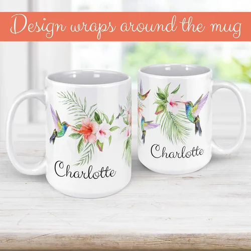 Vista 4 de Taza de café de cerámica personalizada con nombre de colibrí, 11 o 15 onzas