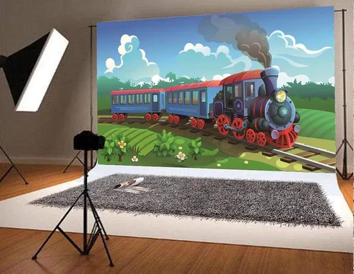 Vista 5 de GYA Fondo de fiesta de tren de corriente de 7 x 5 pies para fotografía, fondo de tren de Navidad, para niños, fiesta de cumpleaños, aventura