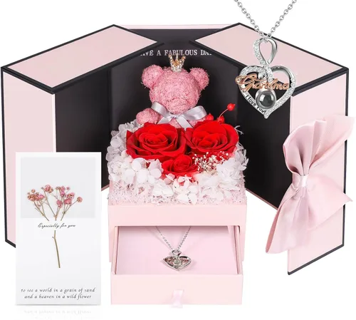 Vista 11 de AddWel Regalos de rosas para mujer, rosas azules reales preservadas con collar I Love You en 100 idiomas y lindo oso de musgo para novia, esposa