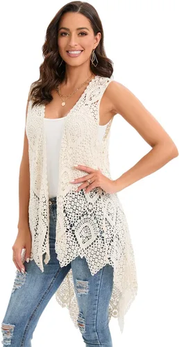 Vista 3 de Chaleco de encaje de ganchillo para mujer, estilo bohemio, sin mangas, kimono con dobladillo irregular