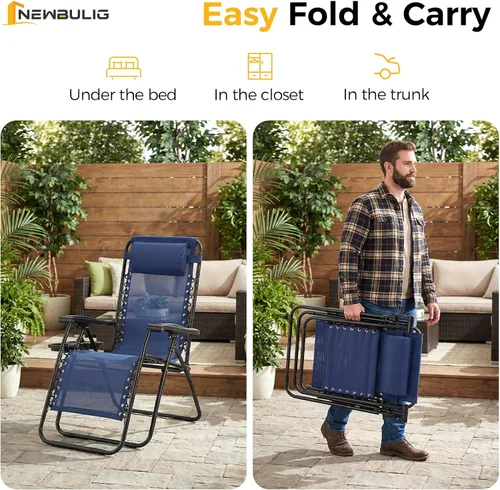 Vista 5 de NEWBULIG Juego de Sillas de Gravedad Cero de 2, Silla de Salón Plegable Portátil Ajustable para Acampar, Sillas Reclinables con Cojín Ajustable