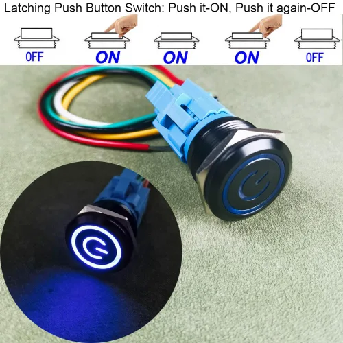 Vista 2 de Gebildet Interruptor de botón de enclavamiento de 19 mm, 12V-24V/5A, de acero inoxidable, con símbolo de alimentación, LED 1NO1NC SPDT ON Off negro