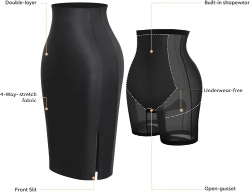 Vista 3 de Popilush Faldas moldeadoras de piel sintética con faja moldeadora integrada de cintura alta, color negro, bodycon dividido, falda midi para mujer