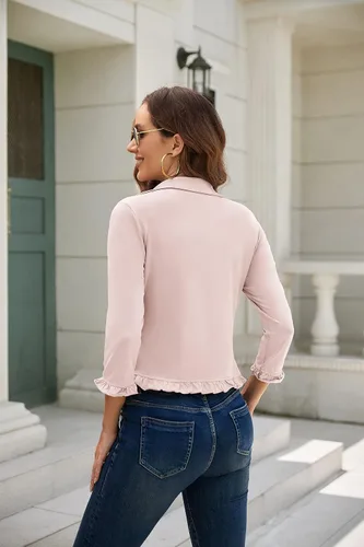 Vista 6 de GRACE KARIN Chaqueta de trabajo para mujer, estilo casual, con abertura frontal, de manga corta, de algodón