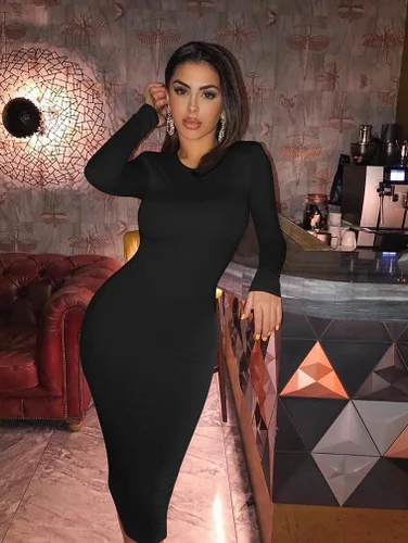 Vista 3 de Vestido sexi ceñido al cuerpo para mujer, vestido por debajo de la rodilla tipo lápiz, de manga larga y cuello redondo, para trabajo y oficina