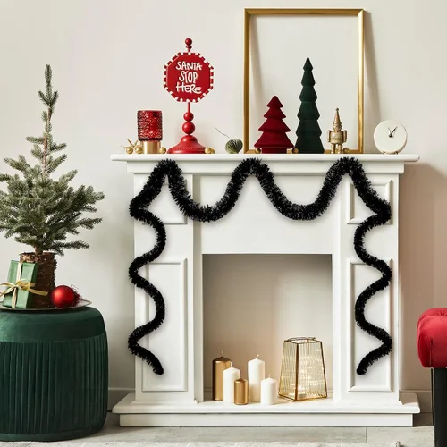 Vista 7 de Guirnalda de oropel de Navidad negra de 25 pies, guirnalda de papel de aluminio metálico para colgar en la pared, telón de fondo para flotadores