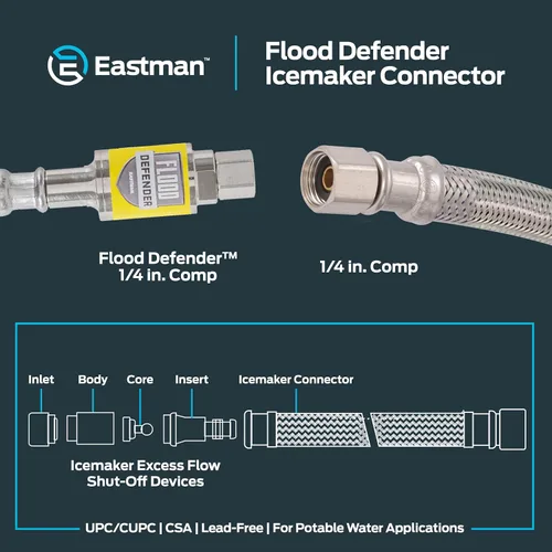 Vista 6 de Eastman Conector para máquina de hielo, compresión de 1/4 de pulgada, válvula de cierre automático Flood Defender, manguera de acero inoxidable