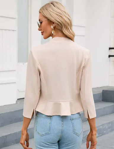 Vista 2 de KOJOOIN Chaqueta corta casual de negocios para mujer, manga 34, sin cuello, frente abierto, chaqueta de trabajo
