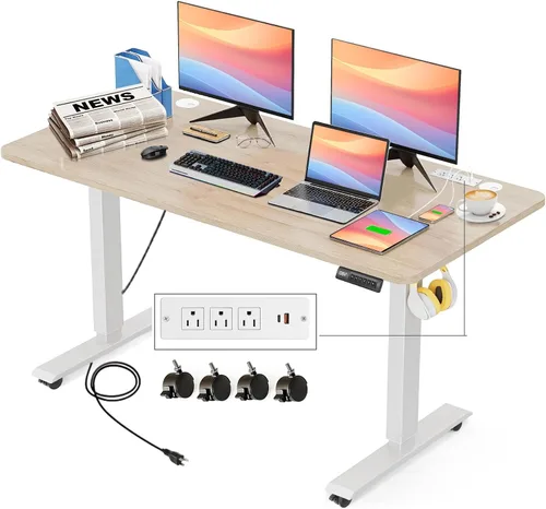 Vista 13 de Escritorio eléctrico de altura ajustable de pie, escritorio de sentarse y pararse de 48 x 24 pulgadas con toma de corriente, 2 puertos USB, 3 tomas