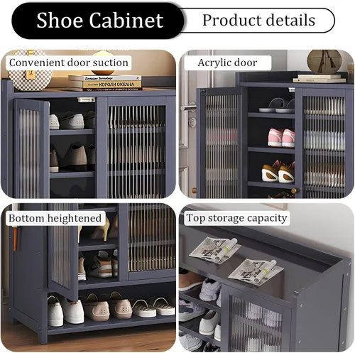 Vista 3 de Zapatero de 8 niveles con puertas, armario grande de almacenamiento de zapatos para entrada, organizador de zapatos de bambú para 36-40 pares