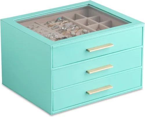 Vista 20 de Frebeauty Joyero para mujer, organizador de joyas con tapa transparente con 3 cajones Marrón Oscuro