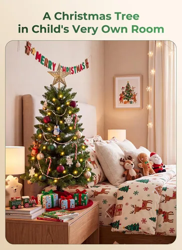 Vista 4 de Árbol de Navidad artificial pequeño de 3 pies, mini árbol de mesa Pequeño árbol de Navidad con luces, funciona con pilas, base estable, decoración