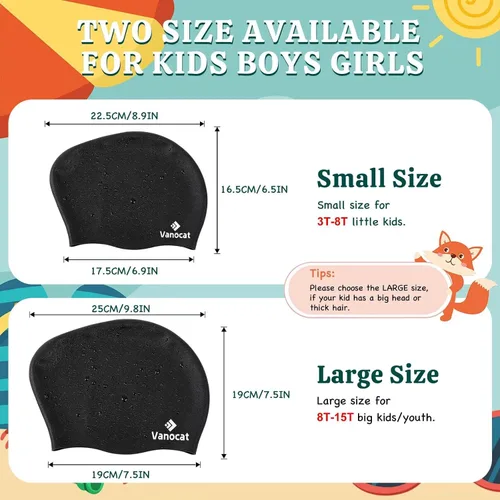 Vista 2 de 2 Pack Kids Swim Caps for Long/Short Hair, Unisex Silicone Swimming Cap for Age 3-15 Children Toddler Youth Teen, Waterproof Shower Cap Bathing Hats