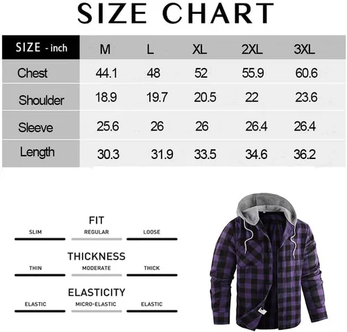 Vista 7 de Camisa de franela con capucha a cuadros para hombre, manga larga, casual, con botones