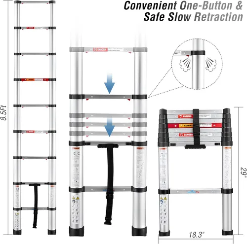 Vista 2 de Escalera telescópica de aluminio de 8.5 pies, escalera de extensión plegable de retracción con un botón para loft de techo de RV, escalera