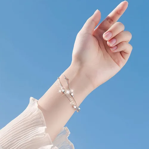 Vista 6 de Juego de joyas de plata para mujer, juego de aretes de plata y oro, pulsera de estrella de doble capa, pulsera de aleación, pulsera de muñeca