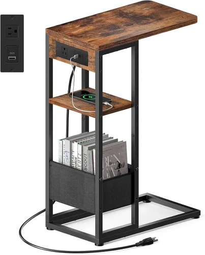 Vista 13 de Mesa auxiliar en forma de C con estación de carga, mesa lateral pequeña para sofá reclinable, mesas de aperitivos deslizables debajo del sofá
