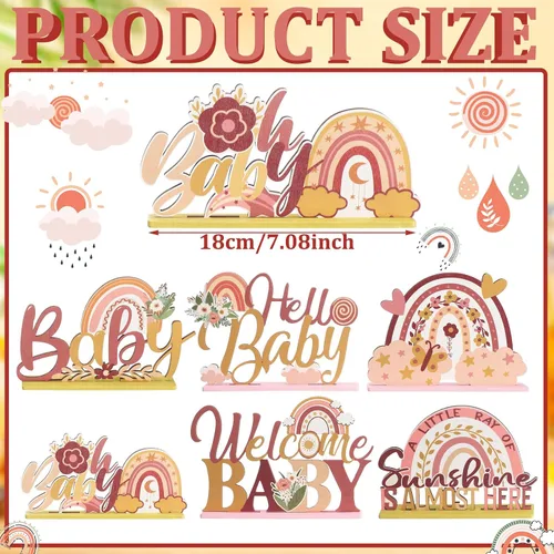 Vista 2 de 6 piezas de centros de mesa de madera con arco iris boho, decoración de mesa de arco iris boho, decoración de baby shower de sol para niños y niñas