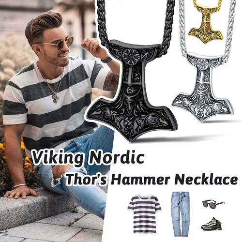 Vista 5 de FaithHeart Collar con colgante de runas vikingas nórdicas, martillo de Thor, brújula nórdica, Odín, cuervo, para hombres y mujeres, con embalaje