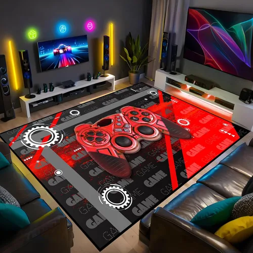 Vista 29 de Alfombra de suelo con estampado de videojuegos 3D para niños, alfombra pequeña roja para dormitorio, tapete de piso para habitación de niños