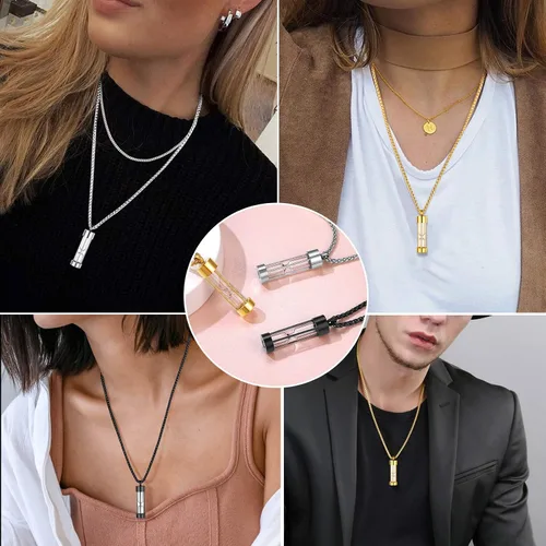 Vista 190 de FindChic Collares personalizados con urna para cenizas, barra vertical, gato, luna, reloj de arena, garra de perro, acero inoxidable, chapado en oro