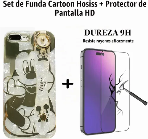 Vista 2 de Funda de dibujos animados para iPhone 7 Plus/8 Plus de 5.5" con protector de pantalla HD, Mickey Mouse con correa de muñeca, soporte con función