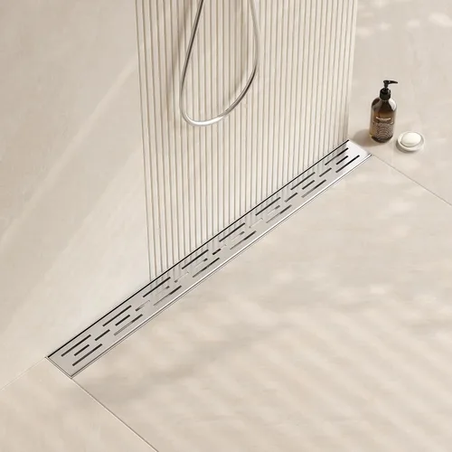 Vista 17 de Neodrain - Drenaje lineal rectangular de 24 pulgadas de latón cepillado con rejilla de patrón de ladrillo, drenaje de piso de baño de acero