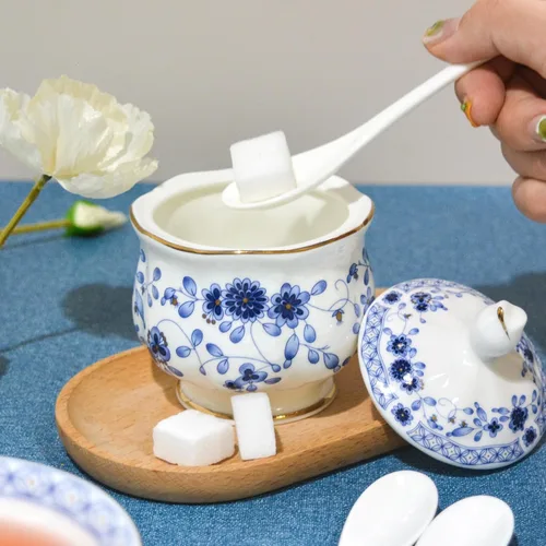 Vista 7 de Juego de té de porcelana de hueso, juego de té de porcelana de 21 piezas para adultos, tazas de té y platillos para 6, con tetera, cucharas, Azul