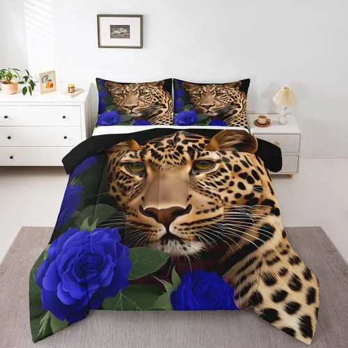 Vista 3 de Erosebridal Juego de ropa de cama de guepardo con rosa azul, juego de edredón con estampado de leopardo y gato, edredón romántico de plumón