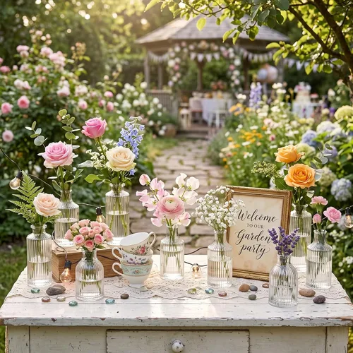 Vista 4 de Juego de 12 mini jarrones pequeños para flores a granel de vidrio acanalado jarrones para centro de mesa, mesa decorativa, boda, recepción, regalo