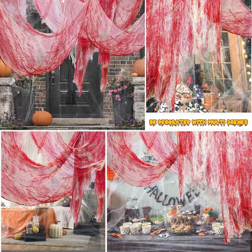 Vista 4 de Paquete de 6 paños espeluznantes de 30 x 72 pulgadas, decoraciones espeluznantes de poliéster de Halloween, tela de gasa aterradora, puertas