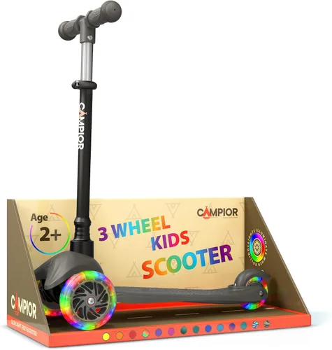 Vista 24 de Mini scooter negro de 3 ruedas para niños, inclinado para dirigir con ruedas con luces LED, manubrio ajustable, cubierta antideslizante ancha