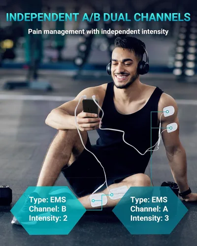 Vista 5 de Comfytemp Unidad TENS - Estimulador muscular para terapia de alivio del dolor, máquina TENS con 24 modos y DIY, unidad EMS de doble canal