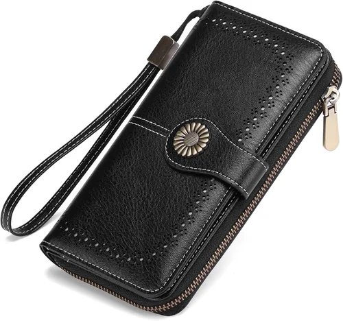 Vista 9 de SENDEFN Cartera de cuero para mujer, con bloqueo RFID, tarjetero para tarjetas de crédito, cartera de mano para mujer