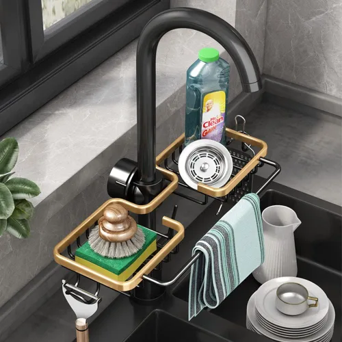 Vista 3 de Soporte de esponja para grifo, organizador para fregadero de cocina, bandeja colgante para drenaje de 1.8-2.8 cm de diámetro, organizador para Dorado