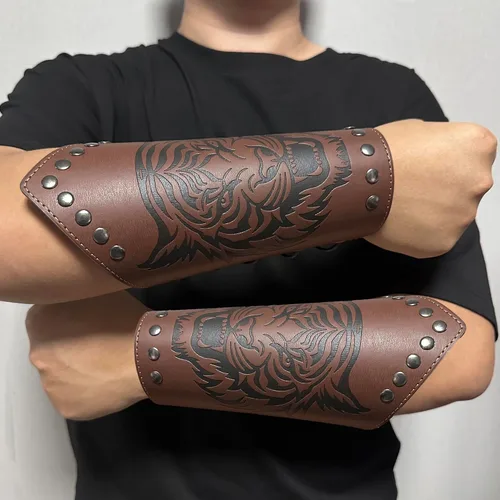 Vista 6 de Pulsera de cuero con guantelete medieval, muñequeras vikingas, guardias de tiro con arco, brazaletes de brazo ancho para mujeres y hombres, 2