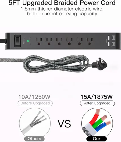 Vista 5 de Regleta Protectora de Sobretensiones - 6 Tomas 4 Puertos de Carga USB, Cable de Extensión Trenzado de 5 Pies, Enchufe Plano, Protección contra