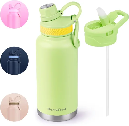 Vista 18 de Botella de agua aislante ThermoProof – Acero inoxidable, boca ancha, tapas abatibles y con boquilla, a prueba de fugas, apta para lavavajillas Ámbar