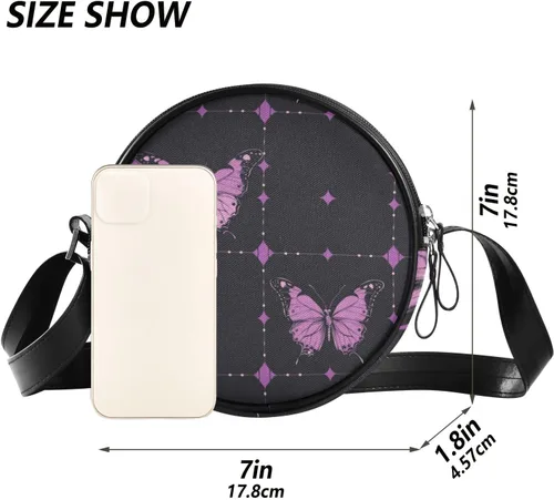 Vista 6 de Retro Purple Butterflies Pattern Round Crossbody Wallet Purse Women Practical with Adjustable Strap Mini Shoulder Bag Go shopping Canvas Messenger