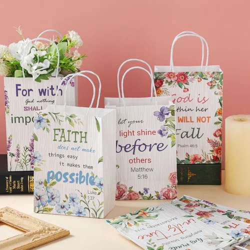 Vista 5 de Yeaqee 24 bolsas de regalo religiosas cristianas a granel con asas, 6 estilos reutilizables, flores religiosas, bautismo religioso, versículo