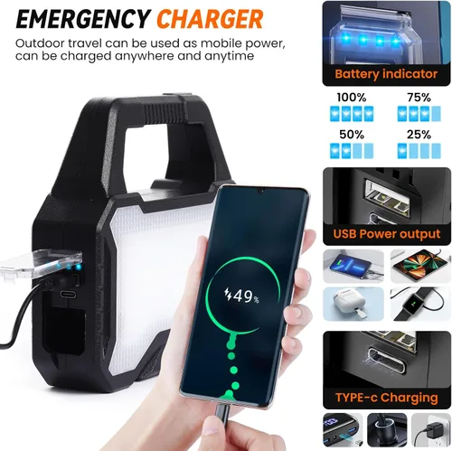 Vista 3 de linterna solar, linterna multifuncional solar, linterna LED, cargador de teléfono celular, carga USB, adecuada para el hogar, pesca, camping al aire