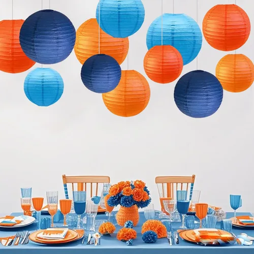 Vista 4 de Decoraciones de fiesta azules y naranjas, 12 linternas de papel para cumpleaños, baby shower, boda, decoración de fiesta