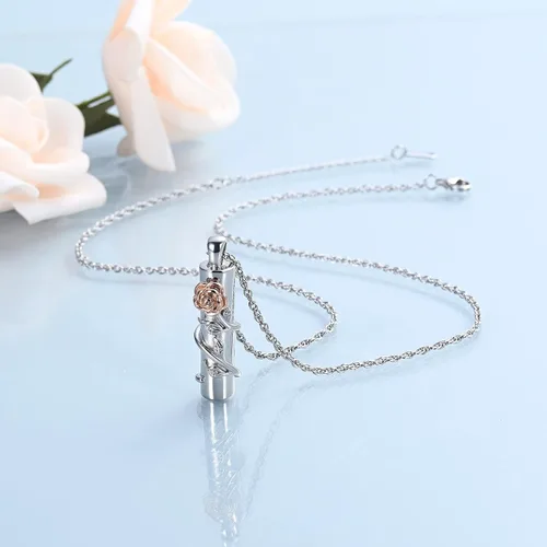 Vista 6 de Shajwo - Collar de urna con flor de rosa para cenizas, joyería de cremación para mujeres y niñas, dije conmemorativo, colgante de urna para cenizas
