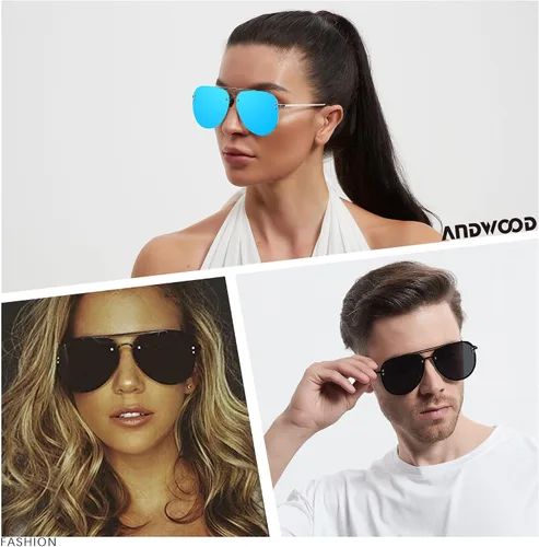 Vista 4 de ANDWOOD Gafas de sol de aviador de gran tamaño para mujeres y hombres, marco de metal sin montura grande con bisagras de resorte