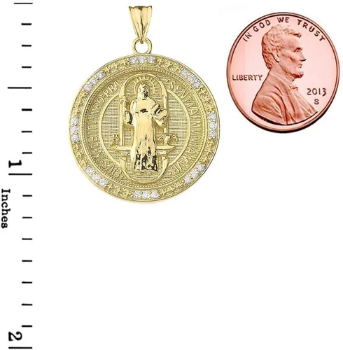Vista 3 de Elegante colgante de medallón de San Benito de dos caras con circonita cúbica de oro amarillo de 10 quilates