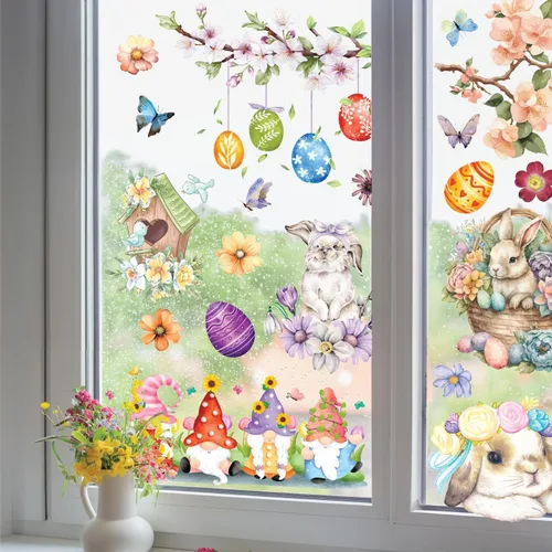 Vista 7 de WALPLUS Decoración de primavera para ventana de conejito de Pascua, decoración de primavera, de verano, reutilizable, para despegar y pegar