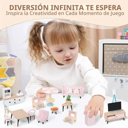 Vista 5 de Juego de muebles de madera para casa de muñecas Pithfor, accesorios y muebles para casa de muñecas, con 7 habitaciones, 3 muñecas, incluye juego